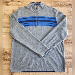 Eddie Bauer Mens Sweater Tall Large Quarter Zip Wool Gray Blue Stripe 1/4 Zip